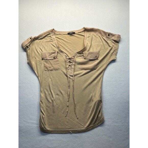 VENUS Pretty Tan Button Front Pocket Short Sleeve Shirt Small - Picture 5 of 11